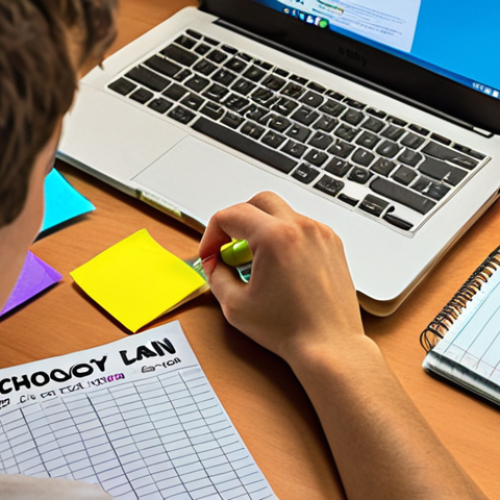 Home 11 **
"A student diligently working on a colorful study plan with sticky notes, highlighters, and a cup of coffee. Focus on prioritizing difficult subjects for the Psychology exam, incorporating both printed materials and a laptop displaying online resources."
**